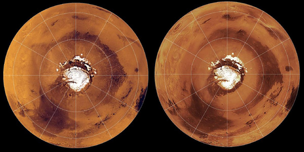Viking (left) and MGS (right) views of the northern hemisphere of Mars in polar orthographic map projections.