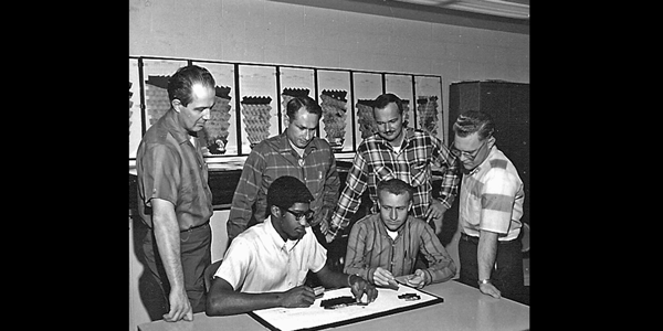 USGS Astrogeology Surveyor Project Television  Experiment Team (Jan 1968). Ray Batson (left), R.A. Henry (seated), Henry   Holt, Ken Stice (seated) Gene Shoemaker, Elliot Morris.