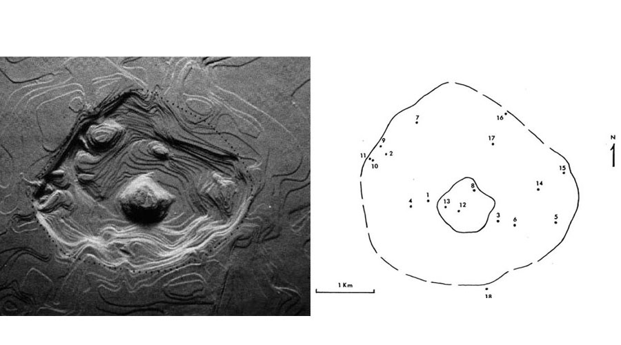 A) Reconstruction of the Flynn Creek crater by Roddy (1977b). B) Locations of 1967 and 1978-1979 drill holes completed by the USGS at the Flynn Creek crater. Outer line shows the location of the top of the crater wall and inner line shows the location of the base of the central uplift. Figure modified from Roddy (1980).
