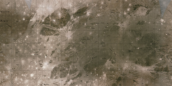 Ganymede Image Mosaic Map based on data from the Galileo Orbiter Solid-State Imaging (SSI) camera and the Voyager 1 and 2 spacecraft