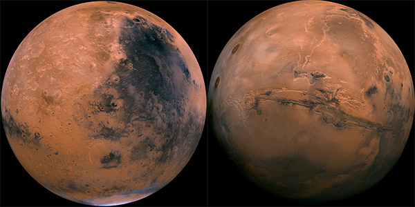 Mosaic of the Syrtis Major and Valles Marineris hemispheres of Mars projected into point perspective.