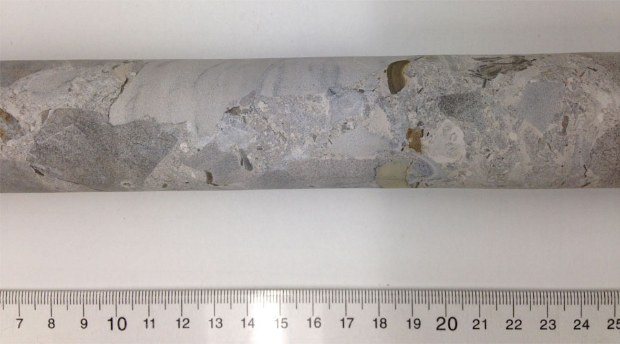 Impact breccia from Flynn Creek drill core from drill hole number 7, ~1989’ depth.
