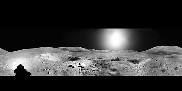 Apollo 16 panorama collected by Charles Moss Duke at Station 2. John Watts Young is at the rover. Spook Crater in the foreground.