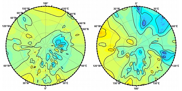 Polar color-coded topography maps in stereographic projection (Lorenz et al., 2013)