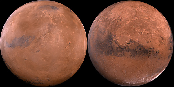 Mosaic of the Cerberus and Schiaparelli hemispheres of Mars projected into point perspective.