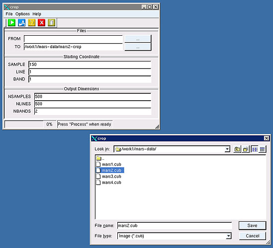 A program window with a menu, buttons, and the following text fields: FROM, TO, SAMPLE, LINE, BAND, NSAMPLES, NLINES, and NBANDS.  Below the main window is a file-selection window.