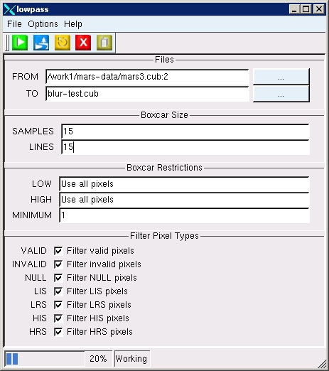 A program window with a menu, buttons, text fields and checkbox-filters.  The text fields from top to bottom: FROM, TO, SAMPLES, LINES, LOW, HIGH, and MINIMUM.