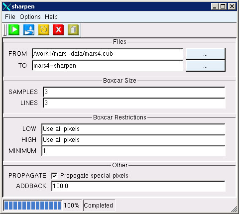 A program window with a menu, buttons, and the following input fields: FROM, TO, SAMPLES, LINES, LOW, HIGH, MINIMUM, PROPAGATE, and ADDBACK